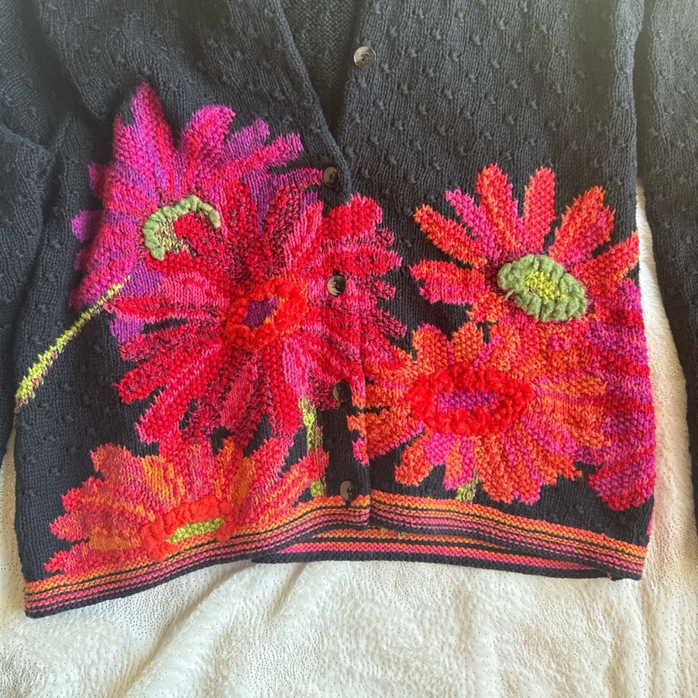 Eileen Fisher Black Cardigan with Pink Floral Design - Picture 2 of 7